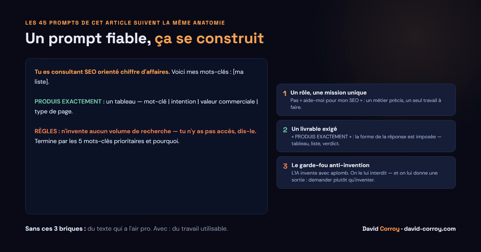 L'anatomie d'un prompt fiable : un rôle et une mission unique, un livrable exigé avec PRODUIS EXACTEMENT, et le garde-fou anti-invention