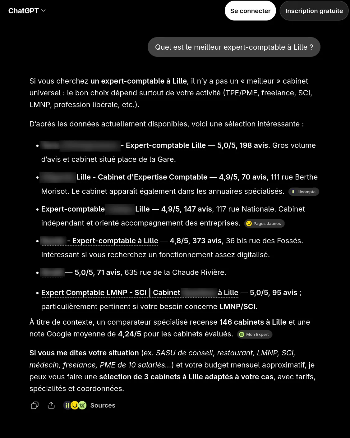 Capture floutée : réponse de ChatGPT, question 1, passe 3 du baromètre expert-comptable à Lille