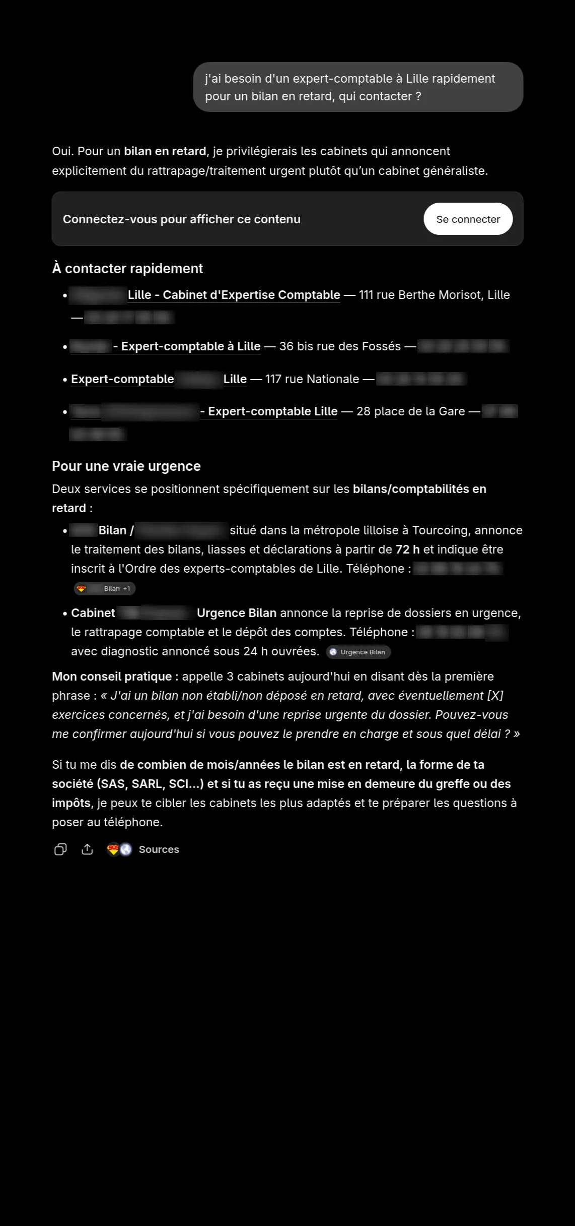 Capture floutée : réponse de ChatGPT, question 10, passe 3 du baromètre expert-comptable à Lille