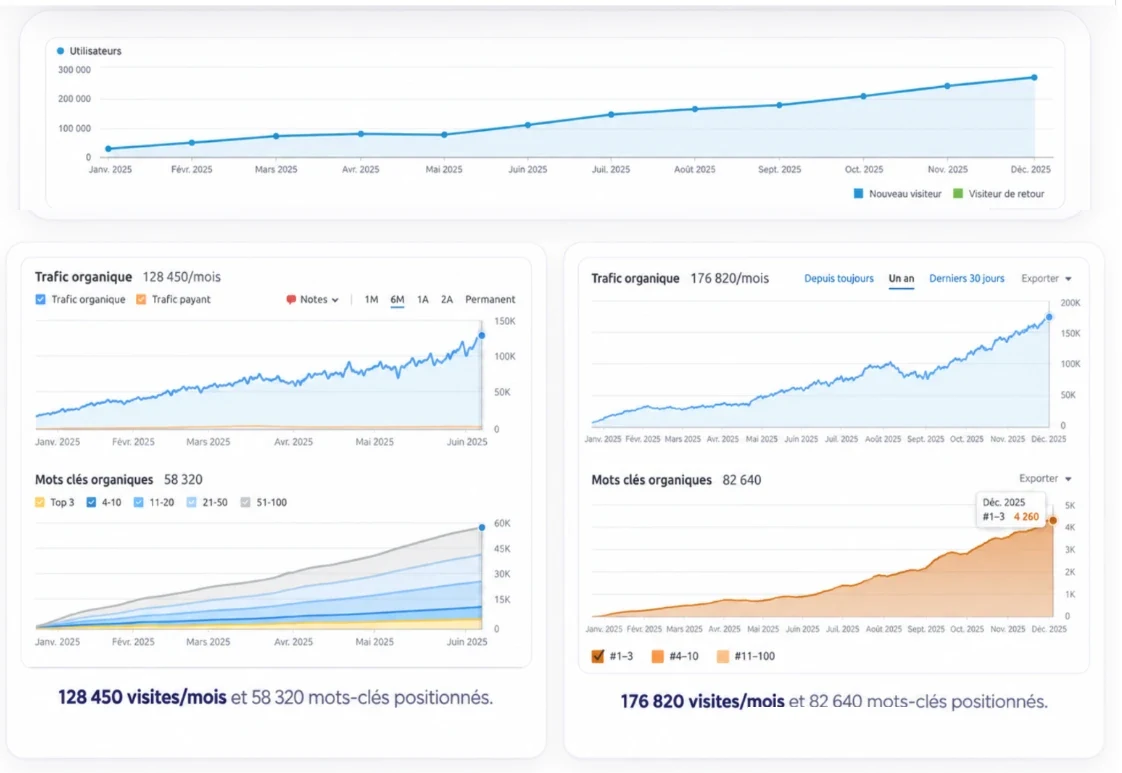Captures Google Analytics 4 et Semrush du site client : utilisateurs mensuels de janvier &agrave; d&eacute;cembre 2025, trafic organique et mots-cl&eacute;s positionn&eacute;s &agrave; six mois et &agrave; douze mois